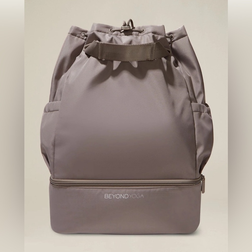 Beyond Yoga Taupe Drawstring Top Backpack with Lower Zip Compartment